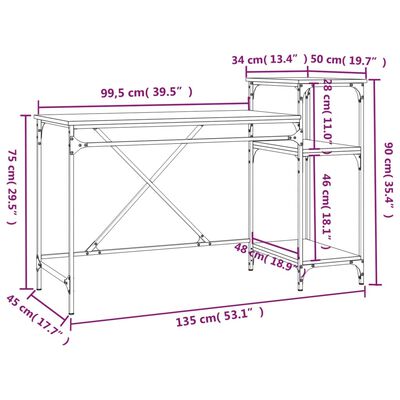 vidaXL füstös tölgy szerelt fa és vas íróasztal polcokkal 135x50x90 cm