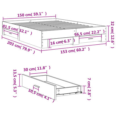 vidaXL füstös tölgy színű szerelt fa ágykeret fiókokkal 150x200 cm