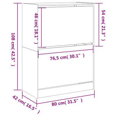 vidaXL fehér cipőszekrény 2 kihajtható fiókkal 80 x 42 x 108 cm