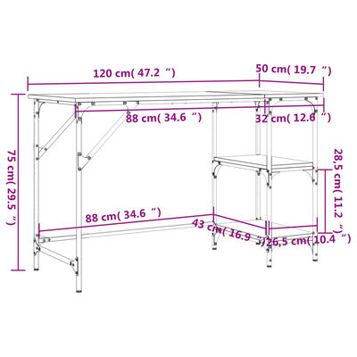 vidaXL barna tölgy színű fém és szerelt fa íróasztal 120 x 50 x 75 cm