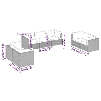 vidaXL 7 részes fekete polyrattan kerti ülőgarnitúra párnákkal