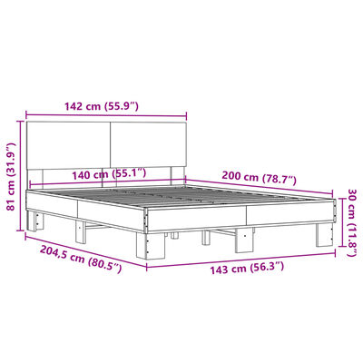 vidaXL barna tölgyszínű szerelt fa és fém ágykeret 140 x 200 cm