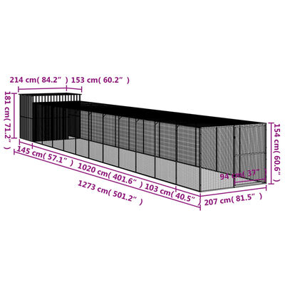 vidaXL világosszürke horganyzott acél tetős kutyakennel 214x1273x181cm