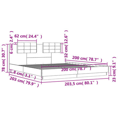 vidaXL sonoma tölgy színű ágykeret fejtámlával és LED-ekkel 200x200 cm