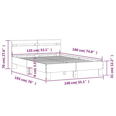 vidaXL barna tölgy színű ágykeret fejtámlával és LED-del 135x190 cm