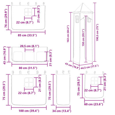 vidaXL fehér-fekete emeletes ágy csúszdával és függönnyel 90 x 190 cm