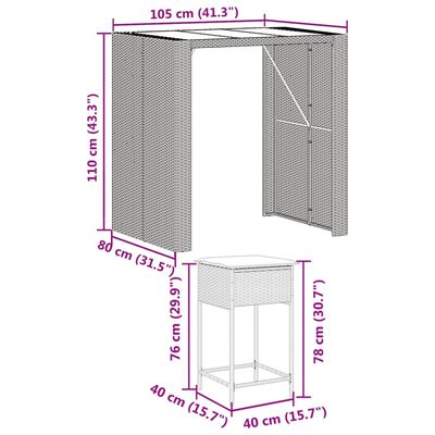 vidaXL 5 részes barna polyrattan kerti bárszett párnákkal