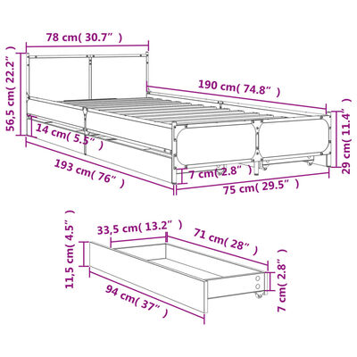 vidaXL barna tölgyszínű szerelt fa ágykeret 75 x 190 cm