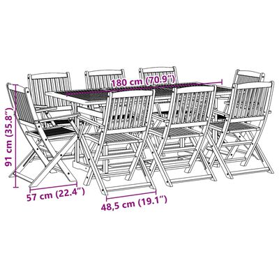 vidaXL 9 részes tömör akácfa kerti étkezőgarnitúra 180 x 90 x 75 cm