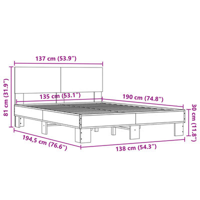 vidaXL sonoma tölgyszínű szerelt fa és fém ágykeret 135 x 190 cm