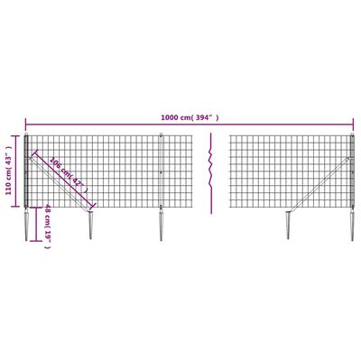 vidaXL antracitszürke dróthálós kerítés cövekekkel 1,1x10 m