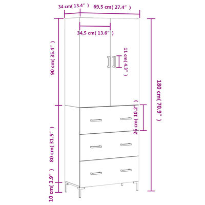 vidaXL szürke sonoma szerelt fa magasszekrény 69,5 x 34 x 180 cm