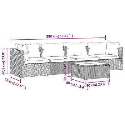 vidaXL 5 részes fekete polyrattan kerti ülőgarnitúra párnákkal