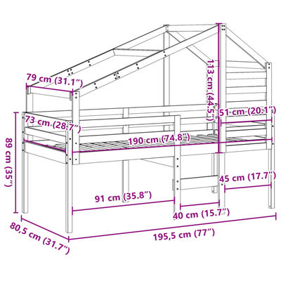 vidaXL viaszbarna tömör fenyőfa magasított ágy tetővel 75 x 190 cm