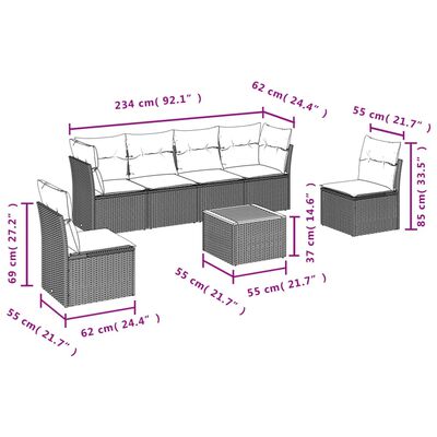 vidaXL 7 részes fekete polyrattan kerti ülőgarnitúra párnával