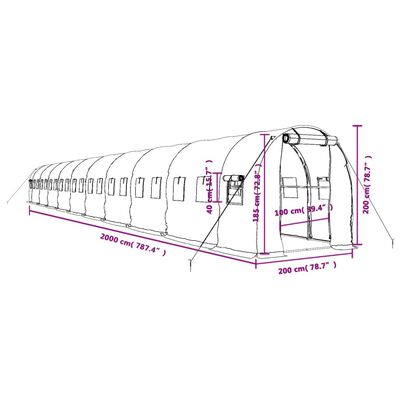 vidaXL zöld acélvázas melegház 40 m² 20 x 2 x 2 m