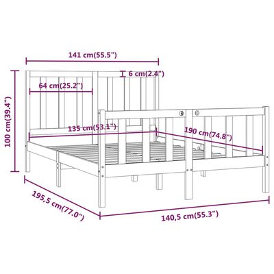 vidaXL Double fekete tömör fa ágykeret 135 x 190 cm