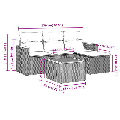 vidaXL 5 részes szürke polyrattan kerti ülőgarnitúra párnákkal