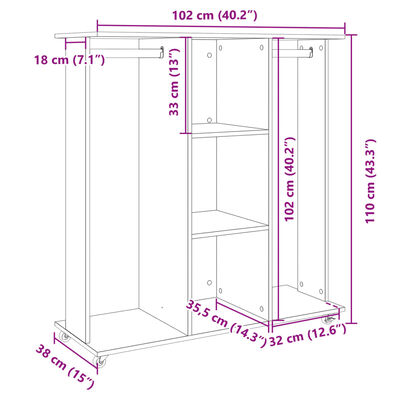 vidaXL fehér szerelt fa ruhásszekrény kerékkel 102 x 38 x 110 cm