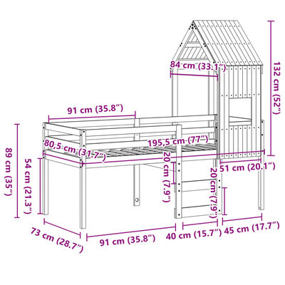 vidaXL fehér tömör fenyőfa magasított ágy tetővel 75 x 190 cm