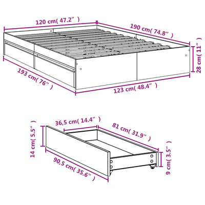 vidaXL fekete szerelt fa ágykeret fiókokkal 120 x 190 cm