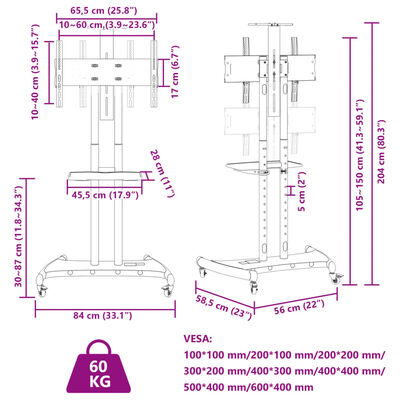 vidaXL görgős TV-állvány 32"-70" képernyőhöz max VESA 600x400 mm 60 kg