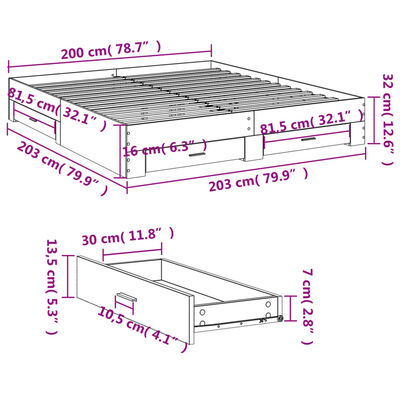 vidaXL füstös tölgy színű szerelt fa ágykeret fiókokkal 200 x 200 cm