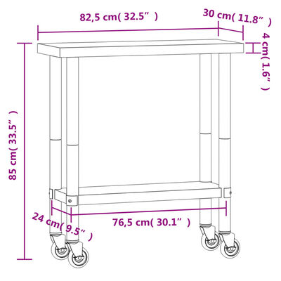 vidaXL rozsdamentes acél konyhai munkaasztal kerekekkel 82,5x30x85 cm