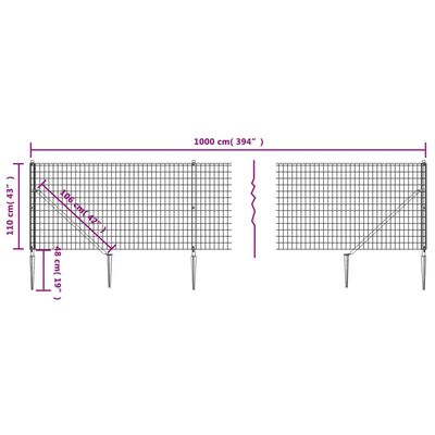 vidaXL zöld dróthálós kerítés cövekekkel 1,1x10 m