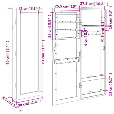 vidaXL fehér falra szerelhető tükrös ékszerszekrény 30x8,5x90 cm