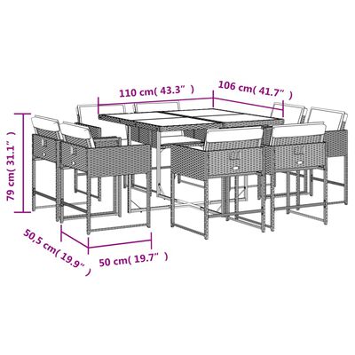 vidaXL 9részes világosszürke polyrattan kerti étkezőgarnitúra párnával