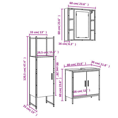 vidaXL 3 részes füstös tölgy szerelt fa fürdőszobai szekrényszett