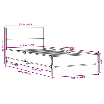 vidaXL füstös tölgyszínű szerelt fa és fém ágykeret 100 x 200 cm