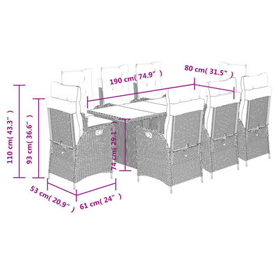 vidaXL 9 részes szürke polyrattan kerti étkezőgarnitúra párnával