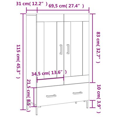 vidaXL magasfényű fehér szerelt fa magasszekrény 69,5 x 31 x 115 cm