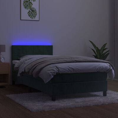 vidaXL sötétzöld bársony rugós és LED-es ágy matraccal 90x200 cm