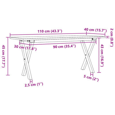 vidaXL tömör fenyőfa és öntöttvas dohányzóasztal X-vázzal 110x40x45 cm