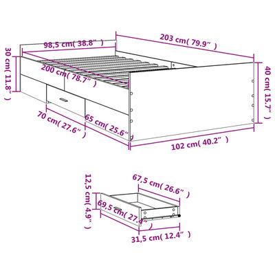 vidaXL sonoma tölgy színű szerelt fa ágykeret fiókokkal 100 x 200 cm