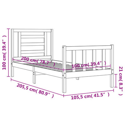 vidaXL fehér tömör fa ágykeret fejtámlával 100 x 200 cm