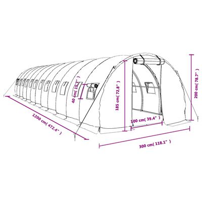 vidaXL fehér acélvázas melegház 36 m² 12 x 3 x 2 m