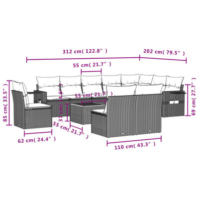 vidaXL 11 részes szürke polyrattan kerti ülőgarnitúra párnákkal