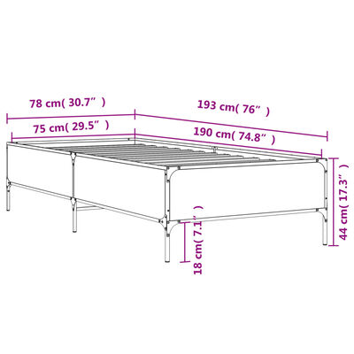 vidaXL barna tölgyszínű szerelt fa és fém ágykeret 75 x 190 cm