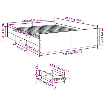 vidaXL betonszürke szerelt fa ágykeret fiókokkal 140x200 cm