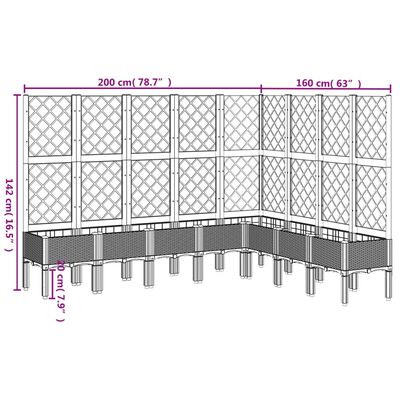 vidaXL fekete polipropilén rácsos kerti ültetőláda 200 x 160 x 142 cm