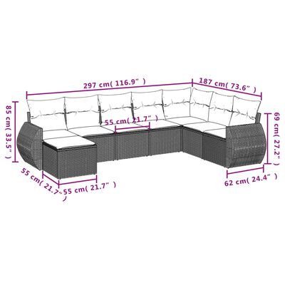 vidaXL 8 részes fekete polyrattan kerti ülőgarnitúra párnákkal