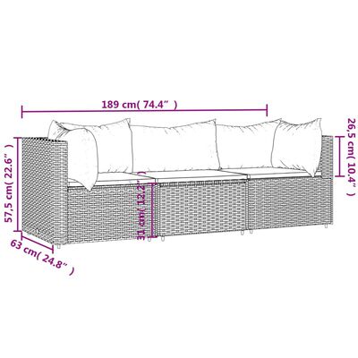 vidaXL 3 részes szürke polyrattan kerti ülőgarnitúra párnákkal