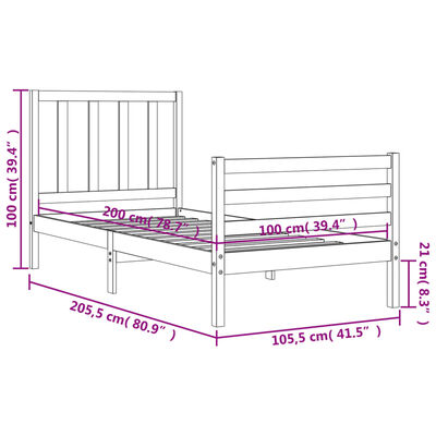 vidaXL fekete tömör fa ágykeret fejtámlával 100 x 200 cm