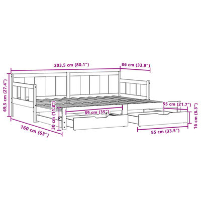 vidaXL fehér tömör fenyőfa kihúzható kanapéágy fiókkal 80x200 cm