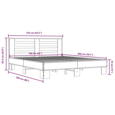 vidaXL szürke sonoma szerelt fa és fém ágykeret 160 x 200 cm