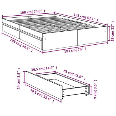 vidaXL fekete szerelt fa ágykeret fiókokkal 135 x 190 cm